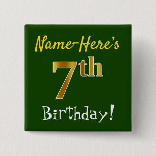 Green, Faux Gold 7th Birthday, With Custom Name 15 Cm Square Badge