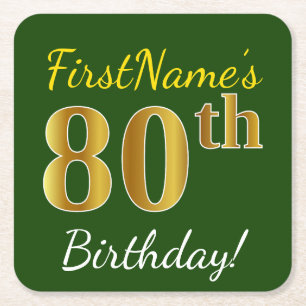 Green, Faux Gold 80th Birthday + Custom Name Square Paper Coaster