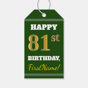 Green, Faux Gold 81st Birthday + Custom Name Gift Tags
