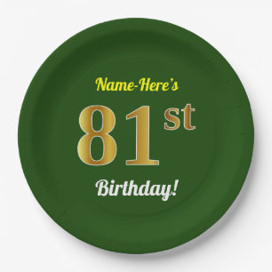 Green, Faux Gold 81st Birthday + Custom Name Paper Plate
