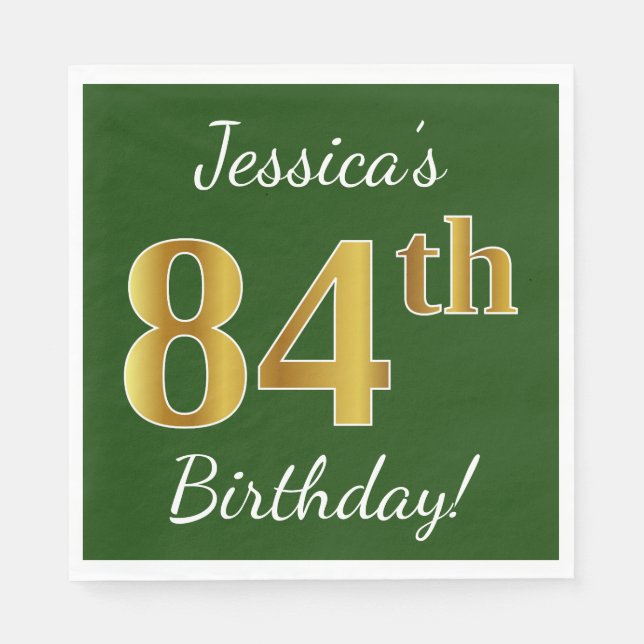 Green, Faux Gold 84th Birthday + Custom Name Napkin (Front)