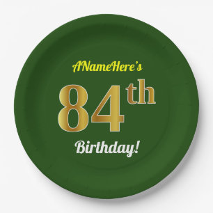 Green, Faux Gold 84th Birthday + Custom Name Paper Plate