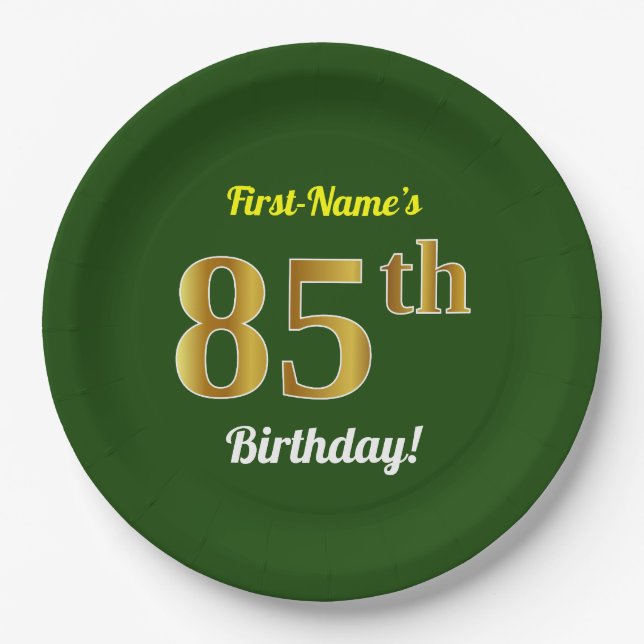 Green, Faux Gold 85th Birthday + Custom Name Paper Plate (Front)