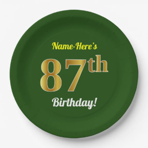 Green, Faux Gold 87th Birthday + Custom Name Paper Plate