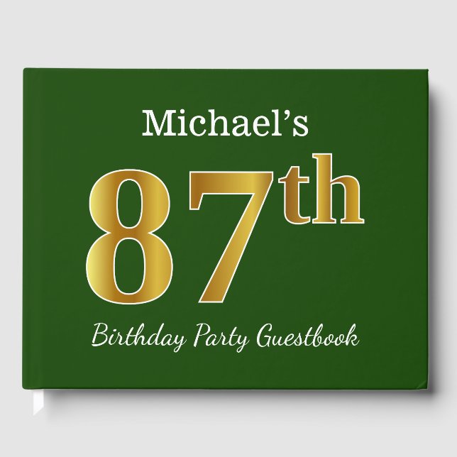 Green, Faux Gold 87th Birthday Party + Custom Name Guest Book (Front)