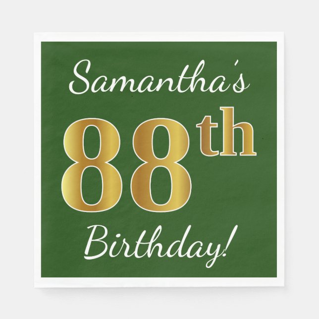 Green, Faux Gold 88th Birthday + Custom Name Napkin (Front)