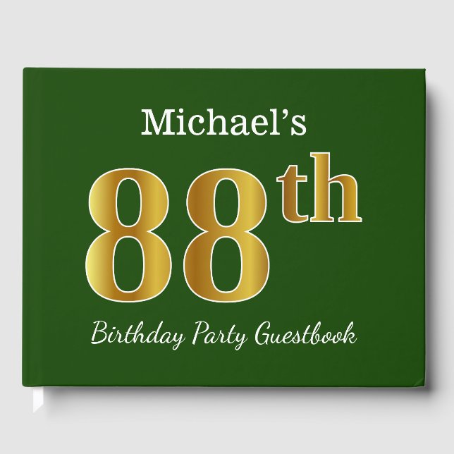 Green, Faux Gold 88th Birthday Party + Custom Name Guest Book (Front)