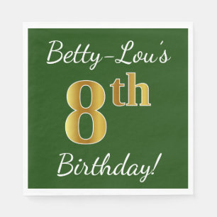 Green, Faux Gold 8th Birthday + Custom Name Napkin
