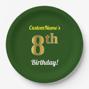 Green, Faux Gold 8th Birthday + Custom Name Paper Plate