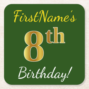 Green, Faux Gold 8th Birthday + Custom Name Square Paper Coaster