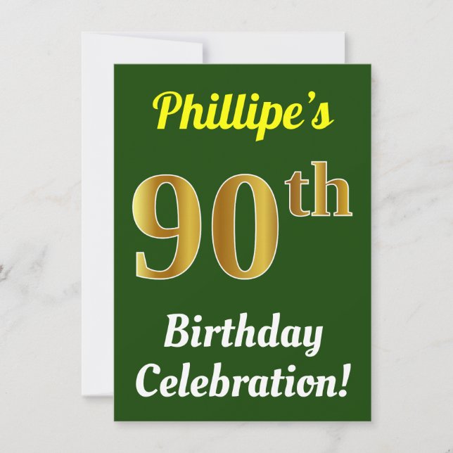 Green, Faux Gold 90th Birthday Celebration + Name Invitation (Front)
