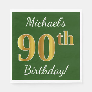 Green, Faux Gold 90th Birthday + Custom Name Napkin
