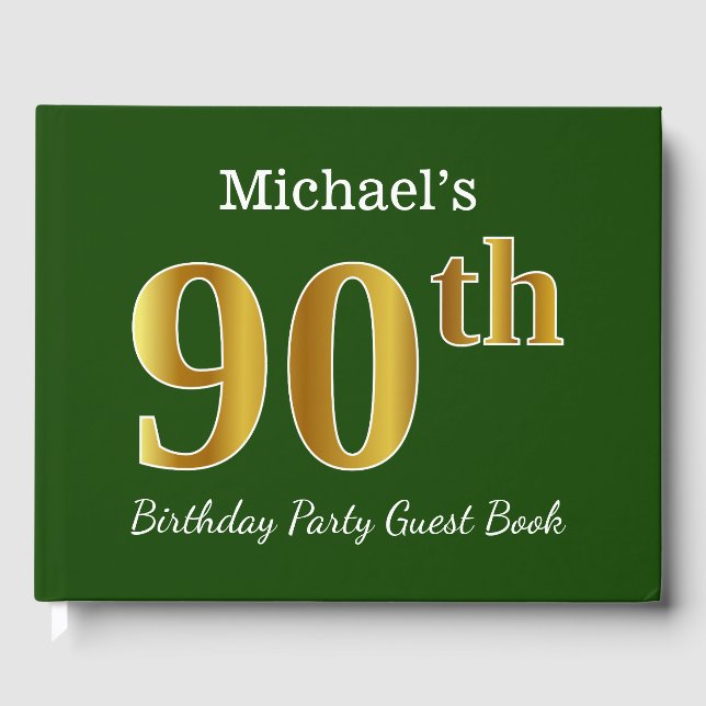 Green, Faux Gold 90th Birthday Party + Custom Name Guest Book (Front)