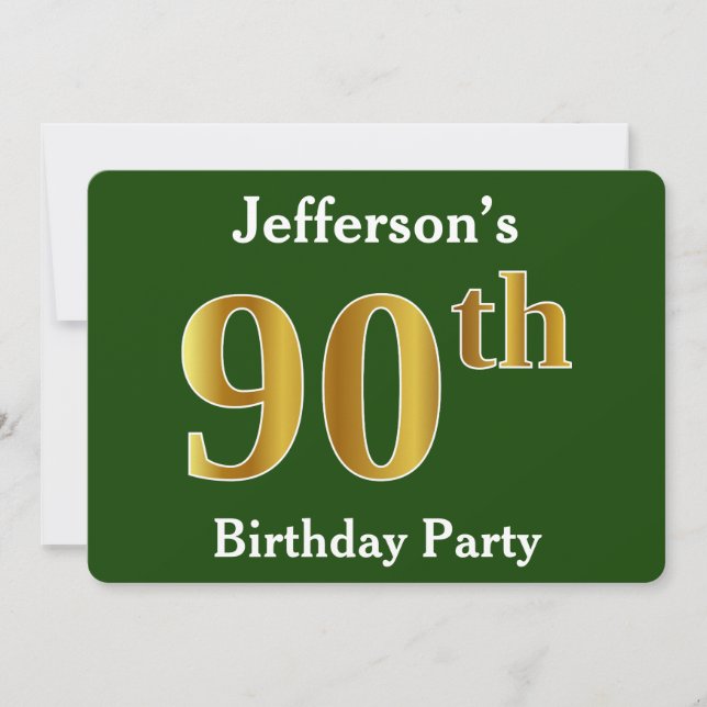 Green, Faux Gold 90th Birthday Party + Custom Name Invitation (Front)