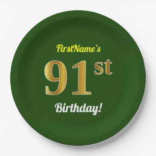 Green, Faux Gold 91st Birthday + Custom Name Paper Plate