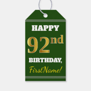 Green, Faux Gold 92nd Birthday + Custom Name Gift Tags