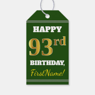 Green, Faux Gold 93rd Birthday + Custom Name Gift Tags