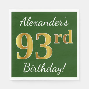 Green, Faux Gold 93rd Birthday + Custom Name Napkin