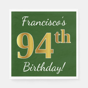 Green, Faux Gold 94th Birthday + Custom Name Napkin