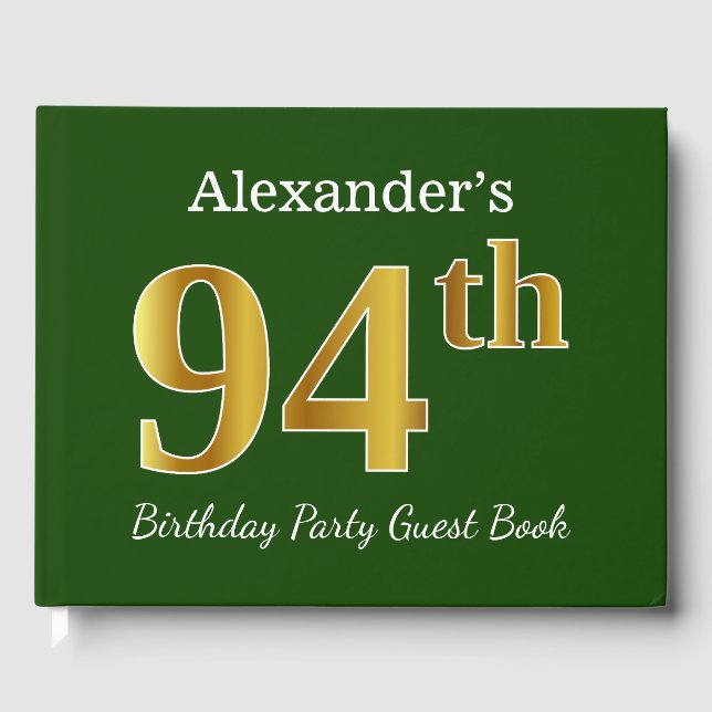 Green, Faux Gold 94th Birthday Party + Custom Name Guest Book (Front)
