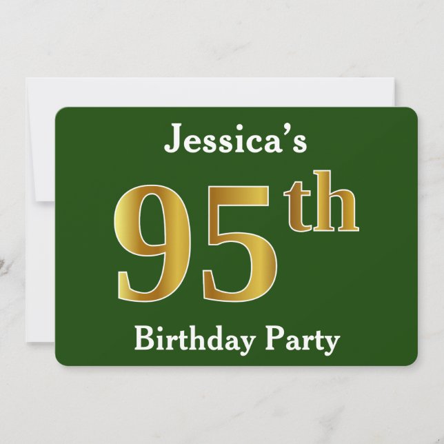 Green, Faux Gold 95th Birthday Party + Custom Name Invitation (Front)
