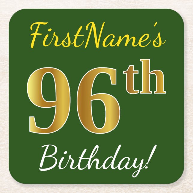 Green, Faux Gold 96th Birthday + Custom Name Square Paper Coaster (Front)