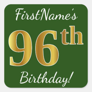 Green, Faux Gold 96th Birthday + Custom Name Square Sticker