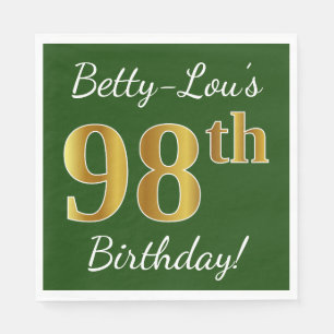 Green, Faux Gold 98th Birthday + Custom Name Napkin