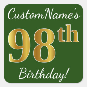 Green, Faux Gold 98th Birthday + Custom Name Square Sticker