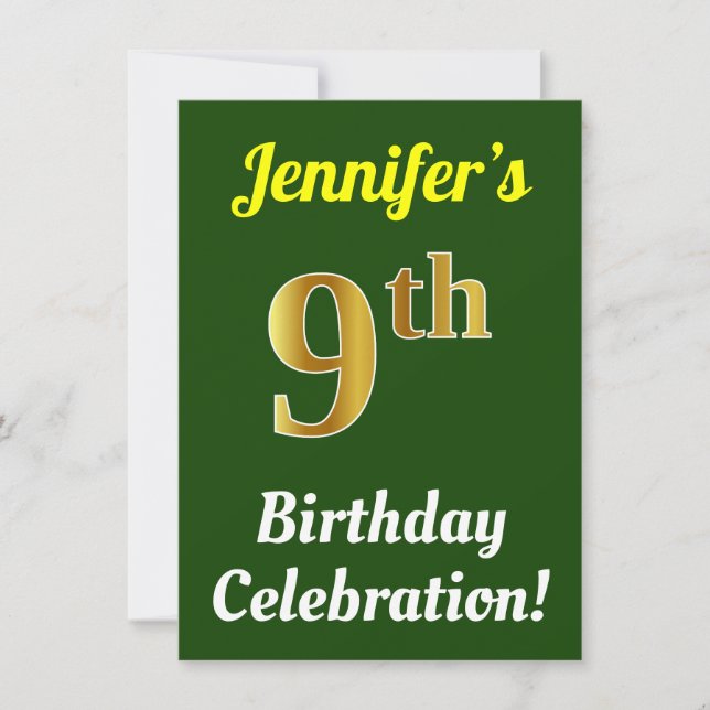 Green, Faux Gold 9th Birthday Celebration + Name Invitation (Front)