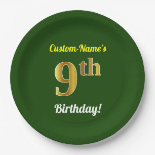 Green, Faux Gold 9th Birthday + Custom Name Paper Plate