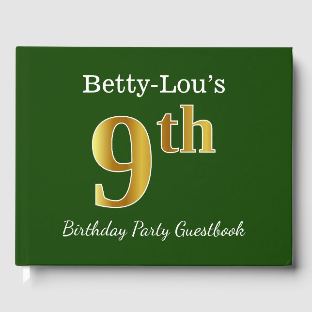 Green, Faux Gold 9th Birthday Party + Custom Name Guest Book (Front)