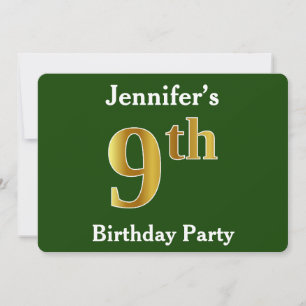 Green, Faux Gold 9th Birthday Party + Custom Name Invitation