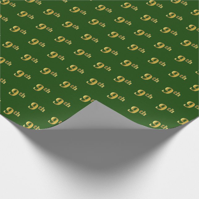 Green, Faux Gold 9th (Ninth) Event Wrapping Paper (Corner)