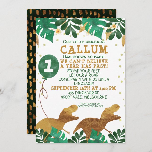 Green Faux Gold Foil Dinosaur Birthday Invitation (Front/Back)