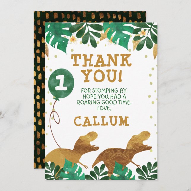 Green Faux Gold Foil Dinosaur Thank you card (Front/Back)