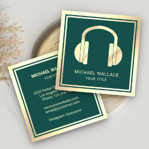 Green Faux Gold Foil Headphones Music DJ Square Business Card