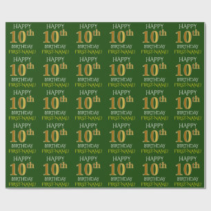 Green, Faux Gold "HAPPY 10th BIRTHDAY" Wrapping Paper