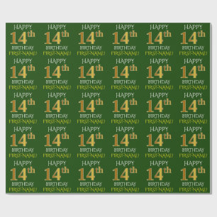 Green, Faux Gold "HAPPY 14th BIRTHDAY" Wrapping Paper