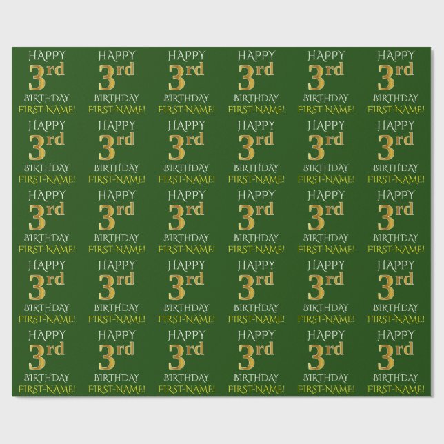 Green, Faux Gold "HAPPY 3rd BIRTHDAY" Wrapping Paper (Flat)