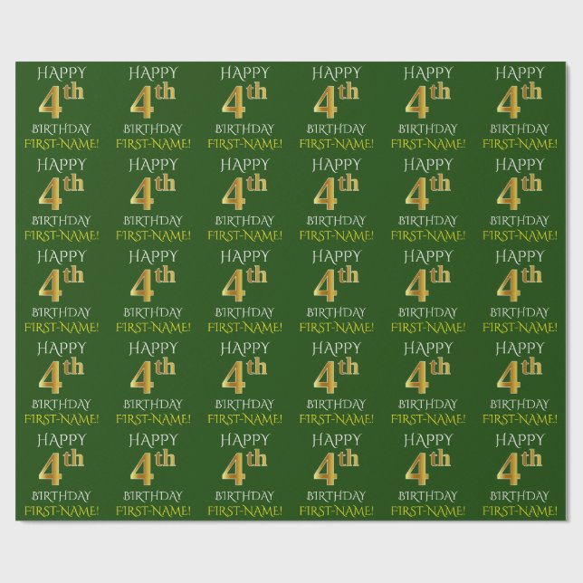 Green, Faux Gold "HAPPY 4th BIRTHDAY" Wrapping Paper (Flat)