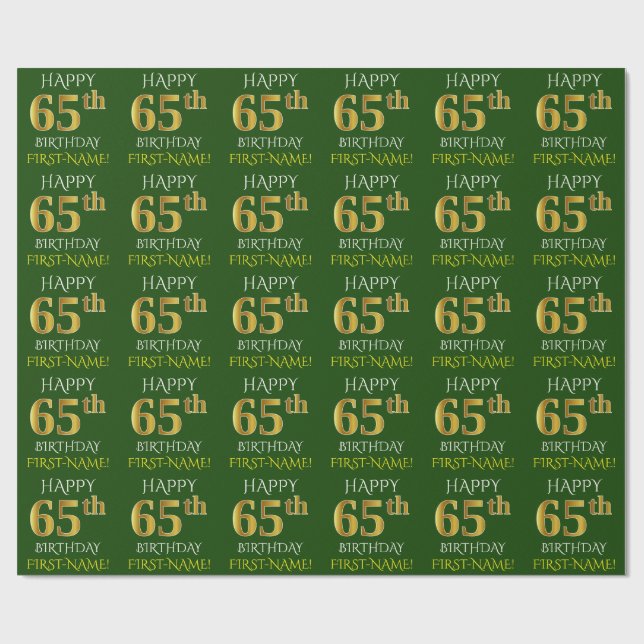 Green, Faux Gold "HAPPY 65th BIRTHDAY" Wrapping Paper (Flat)