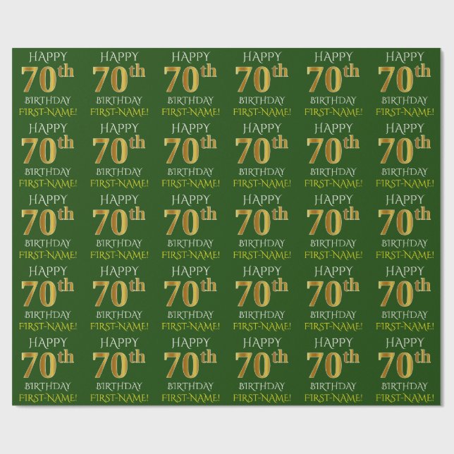 Green, Faux Gold "HAPPY 70th BIRTHDAY" Wrapping Paper (Flat)