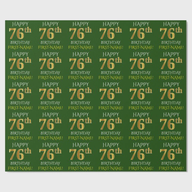 Green, Faux Gold "HAPPY 76th BIRTHDAY" Wrapping Paper (Flat)