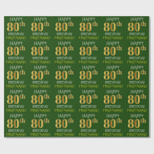 Green, Faux Gold "HAPPY 80th BIRTHDAY" Wrapping Paper