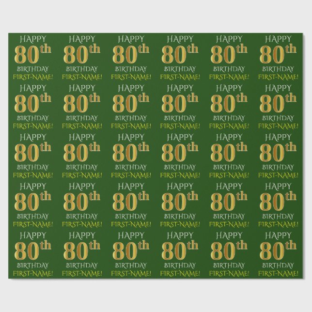 Green, Faux Gold "HAPPY 80th BIRTHDAY" Wrapping Paper (Flat)