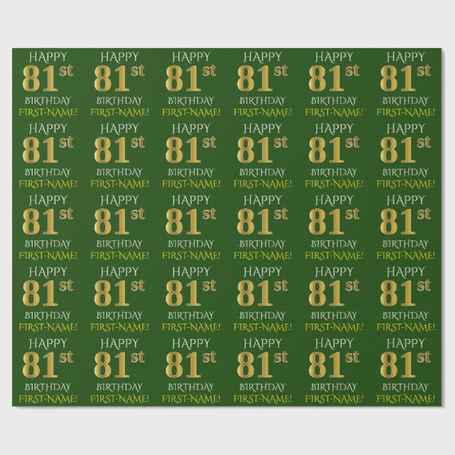 Green, Faux Gold "HAPPY 81st BIRTHDAY" Wrapping Paper (Flat)