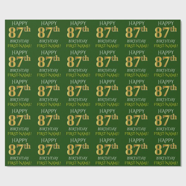 Green, Faux Gold "HAPPY 87th BIRTHDAY" Wrapping Paper (Flat)