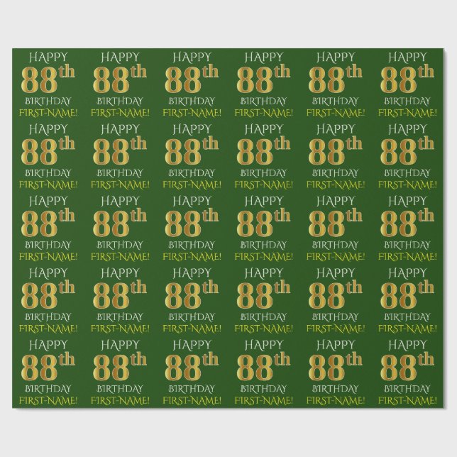 Green, Faux Gold "HAPPY 88th BIRTHDAY" Wrapping Paper (Flat)