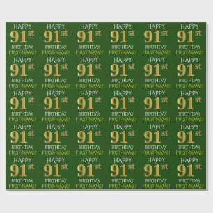 Green, Faux Gold "HAPPY 91st BIRTHDAY" Wrapping Paper